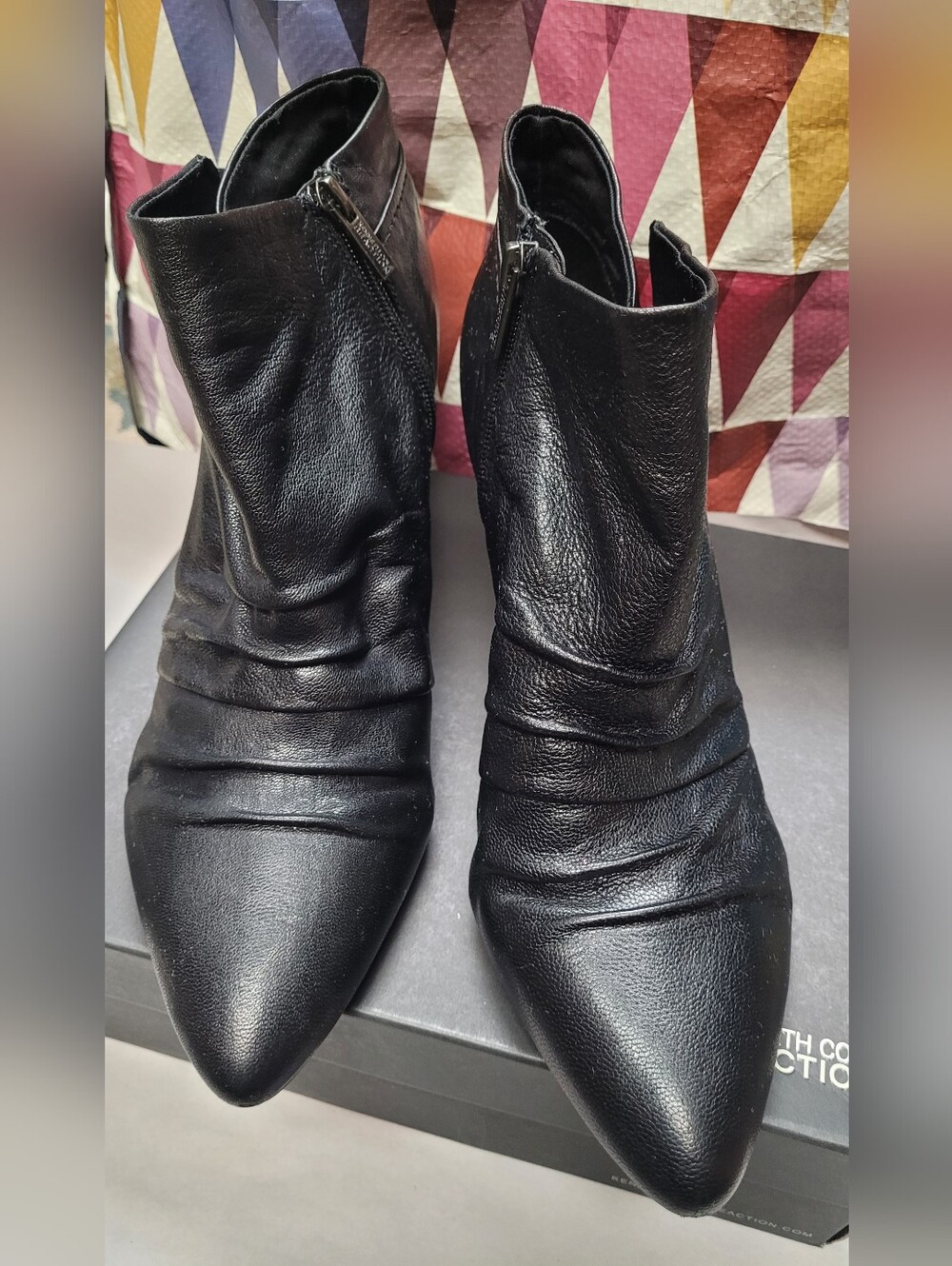 Kenneth Cole Reaction Black Pointed Toe Leather Ankle Booties with Ruched Upper